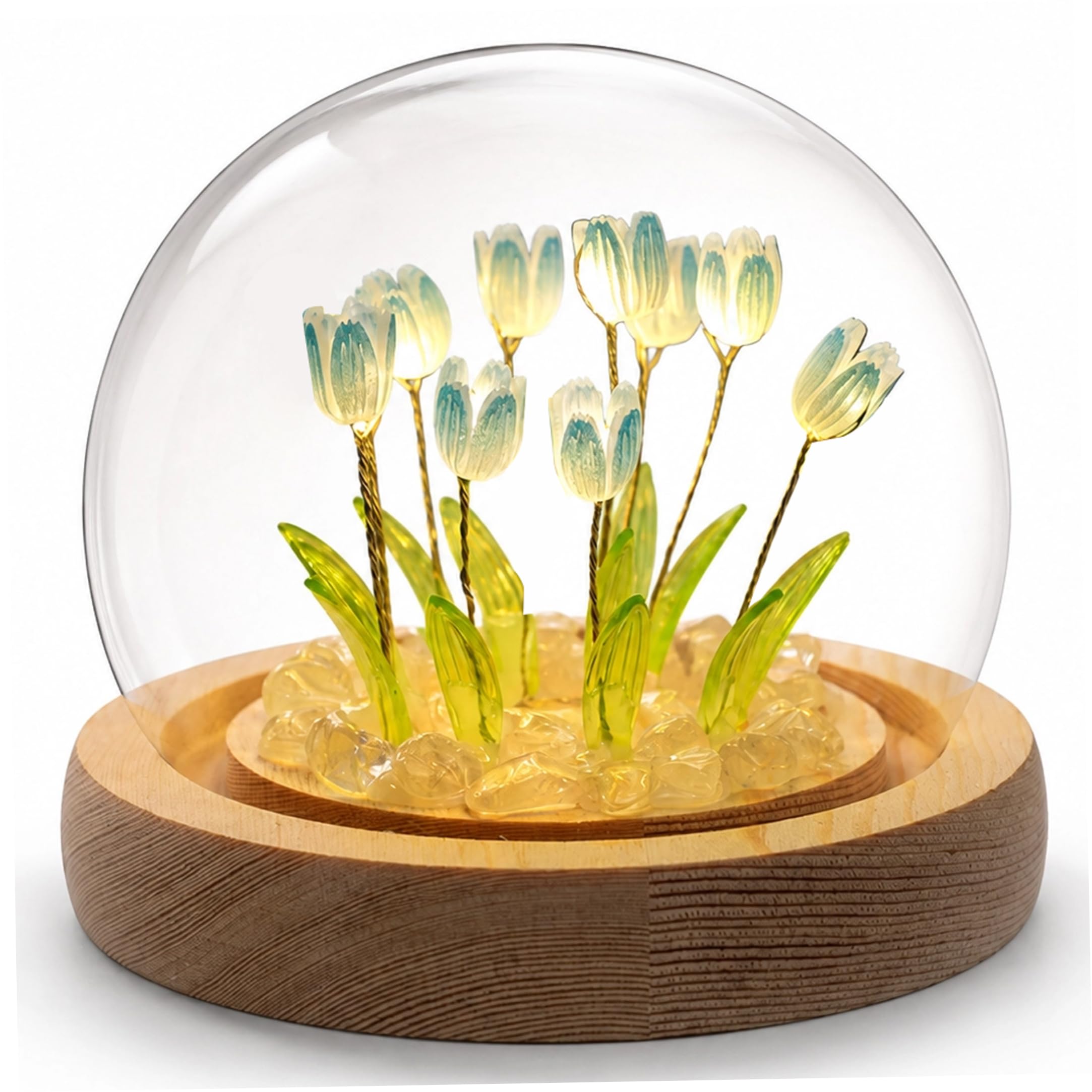 Ginwrek Light Up Globe Light Up Tulips, 2pcs Diy Flower Night Set: Glass Globe, Flowers, & Usb-powered Wood Base With Bag, Blue