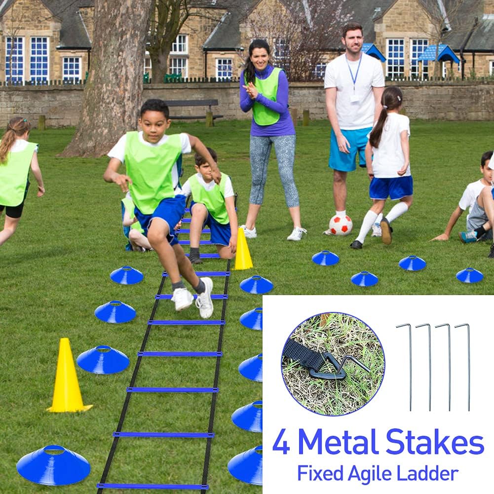 Pro Speed & Agility Training Set—Includes 12 Rung 20ft Adjustable Agility Ladder with Carrying Bag, 12 Disc Cones, 4 Steel Stakes, 1 Resistance Parachute, Use Equipment to Improve Footwork Any Sport : Sports & Outdoors