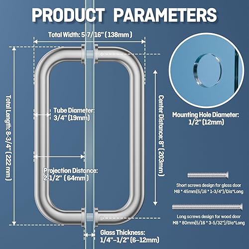Miniatura 2 de Ranbo Manija tubular de puerta de ducha de níquel cepillado de 8 pulgadas (CTC), acero inoxidable 304 de 14 a 12 pulgadas de grosor y puertas de