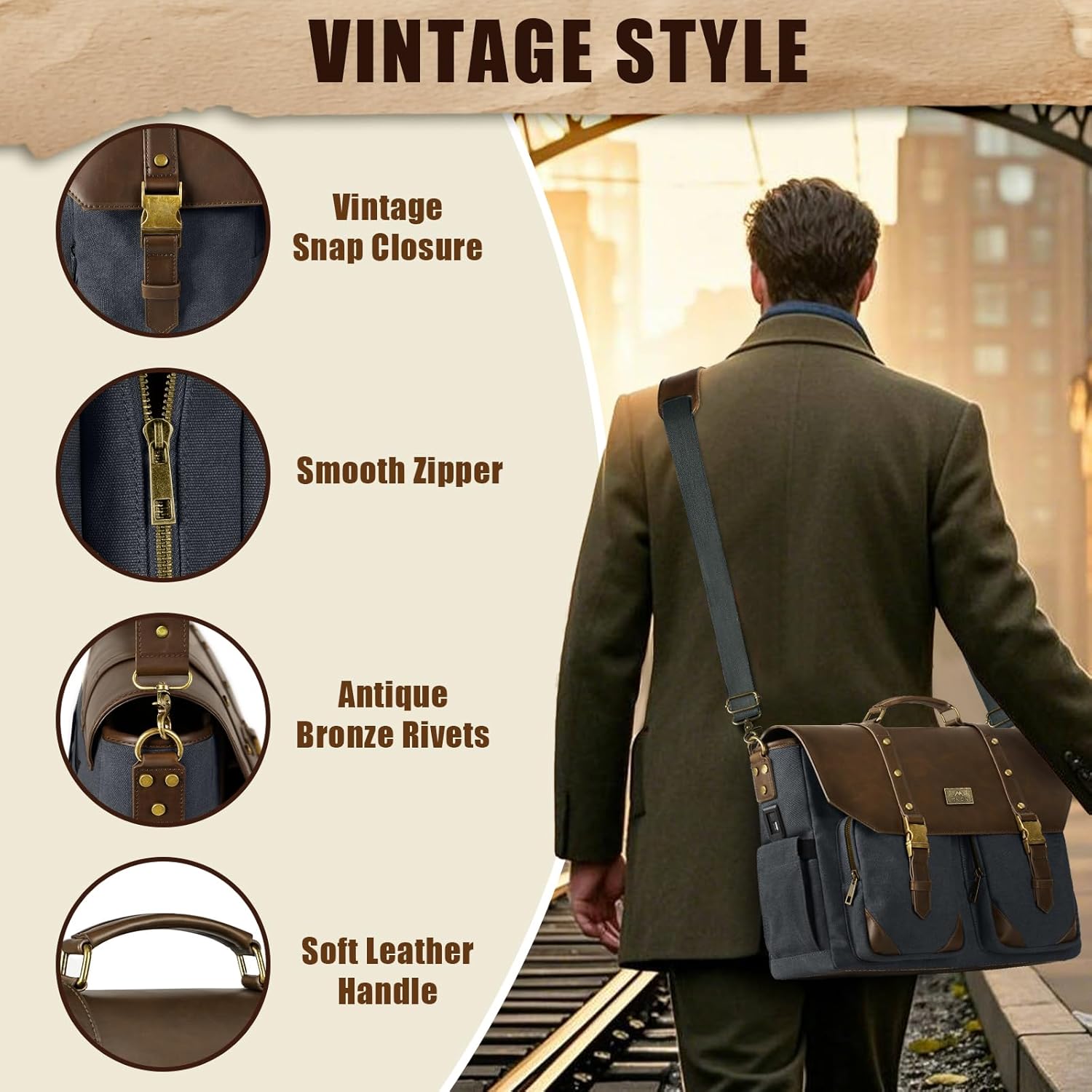 MATEIN Professional Work Bag with USB Port & RFID Blocking, Vintage 15.6 Inch Laptop Messenger Bag Canvas Briefcase for Men, Water Resistant Computer Sachel for Commuting, Brown & Charcoal Grey - Image 4