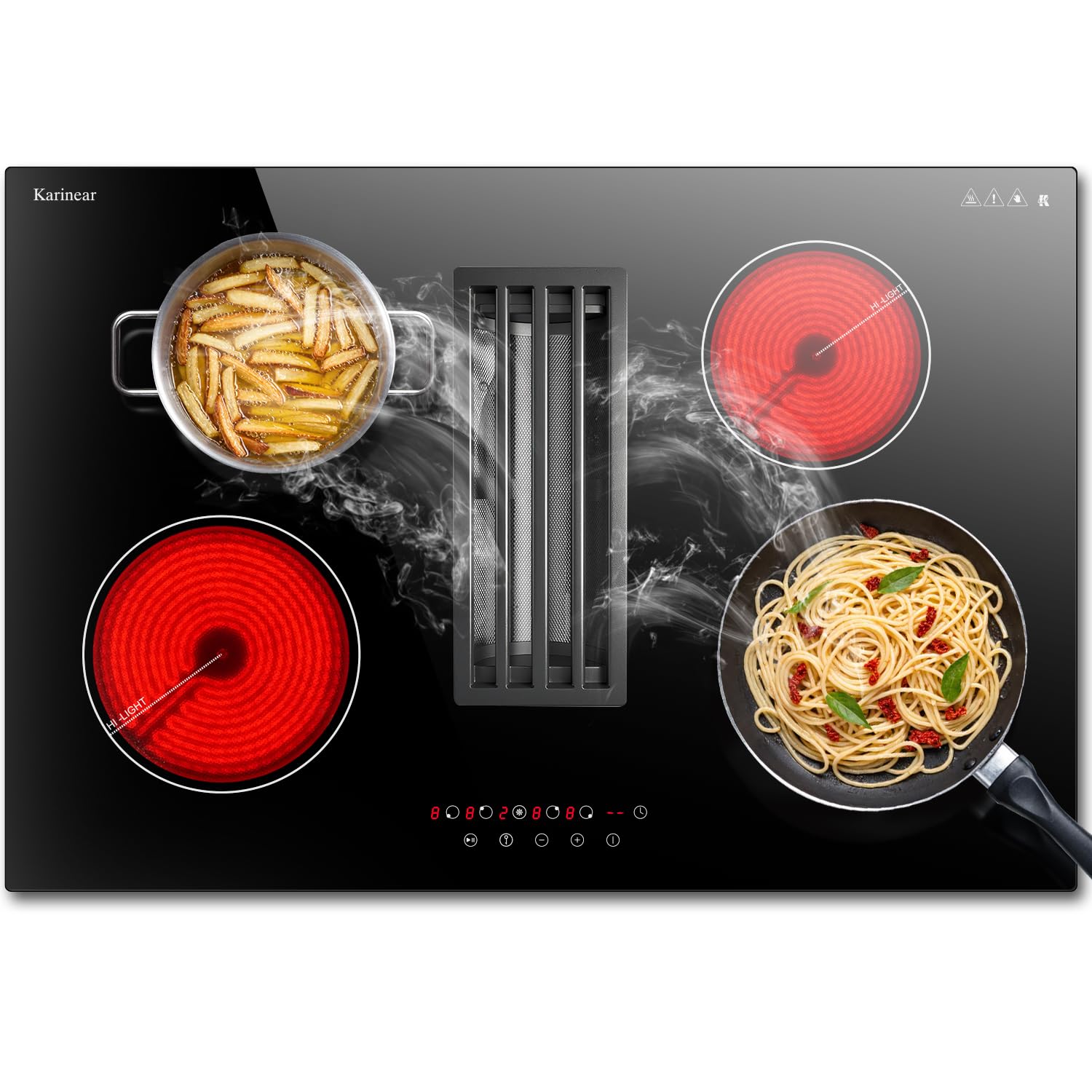 Karinear 30 Inch Electric Cooktop with Downdraft Range Hood, 4 Burners Glass Radiant Stovetop 240V Hardwired, 9 Power Levels, Timer, Pause, Child Lock, 3-Speed Exhaust Fan(No Exhaust Pipe Required)