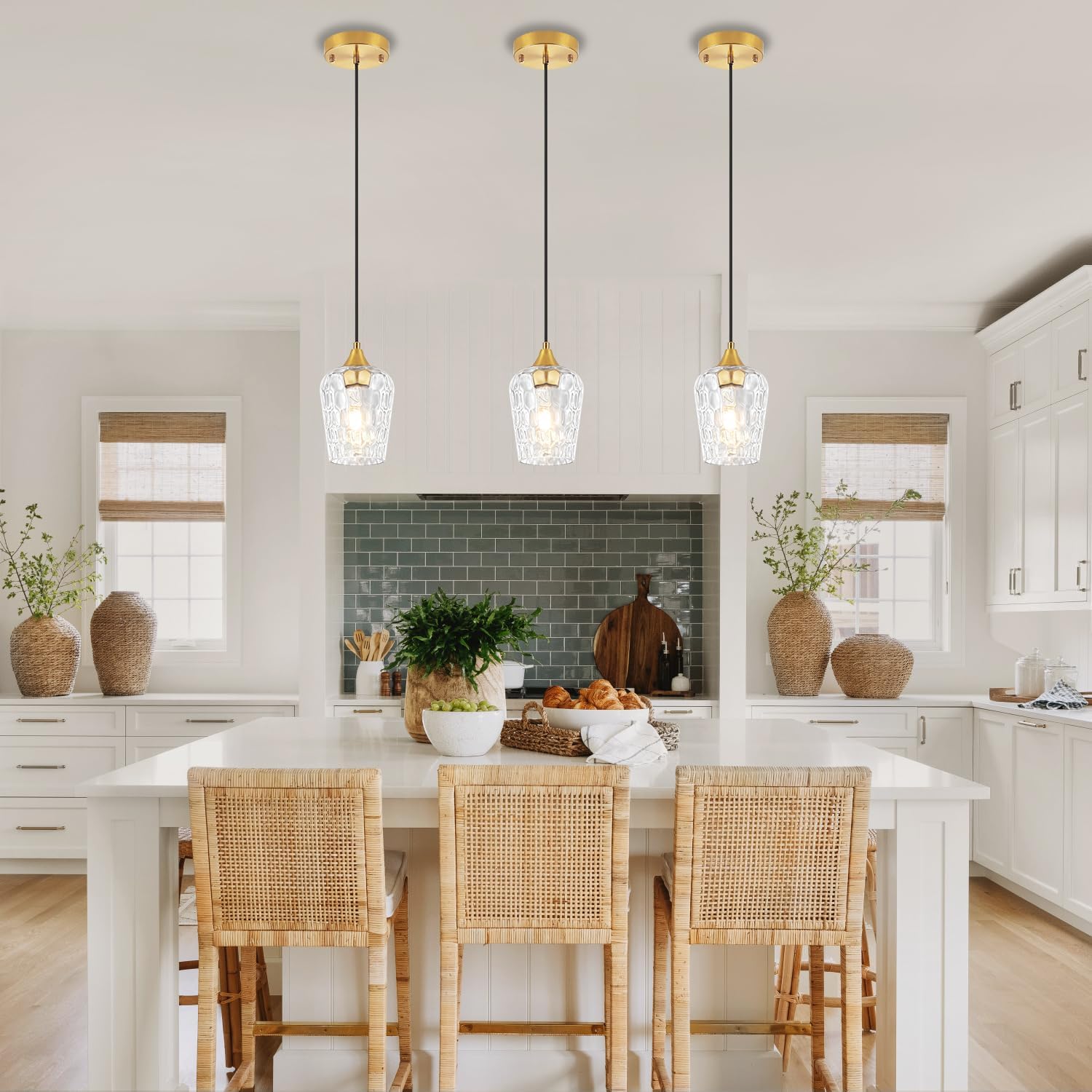 Brushed Gold Pendant Light Fixtures, Thick Hammered Glass Pendant Lights Kitchen Island 3 Pack Modern Hanging Light Hallway Ceiling Light Fixtures Mini Pendant Lights for Bathroom Dining Room