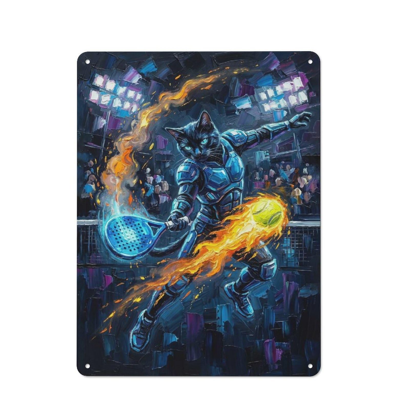 Junmoney Style-16 Kitchen Metal Sign With Armored Cat Playing Padel With Fire Design 40X30cm, Cosy Kitchen Wall Decor For Coffee Bar, Kitchen, Bistro Or Tea Corner