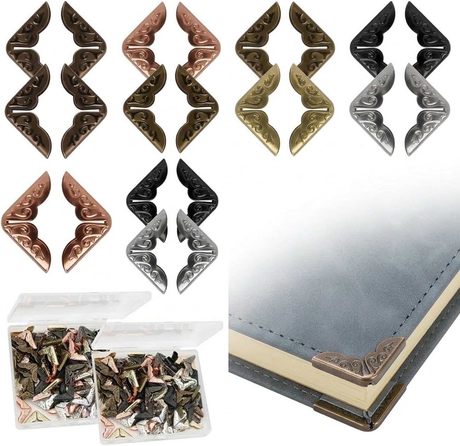 240PCS Book Corner Protectors for Photo Scrapbooking Albums Journals, 6 Color Metal Book Edges for Crafters Beginners, Vintage Decorative Corner Guards with Strong Edge Protection