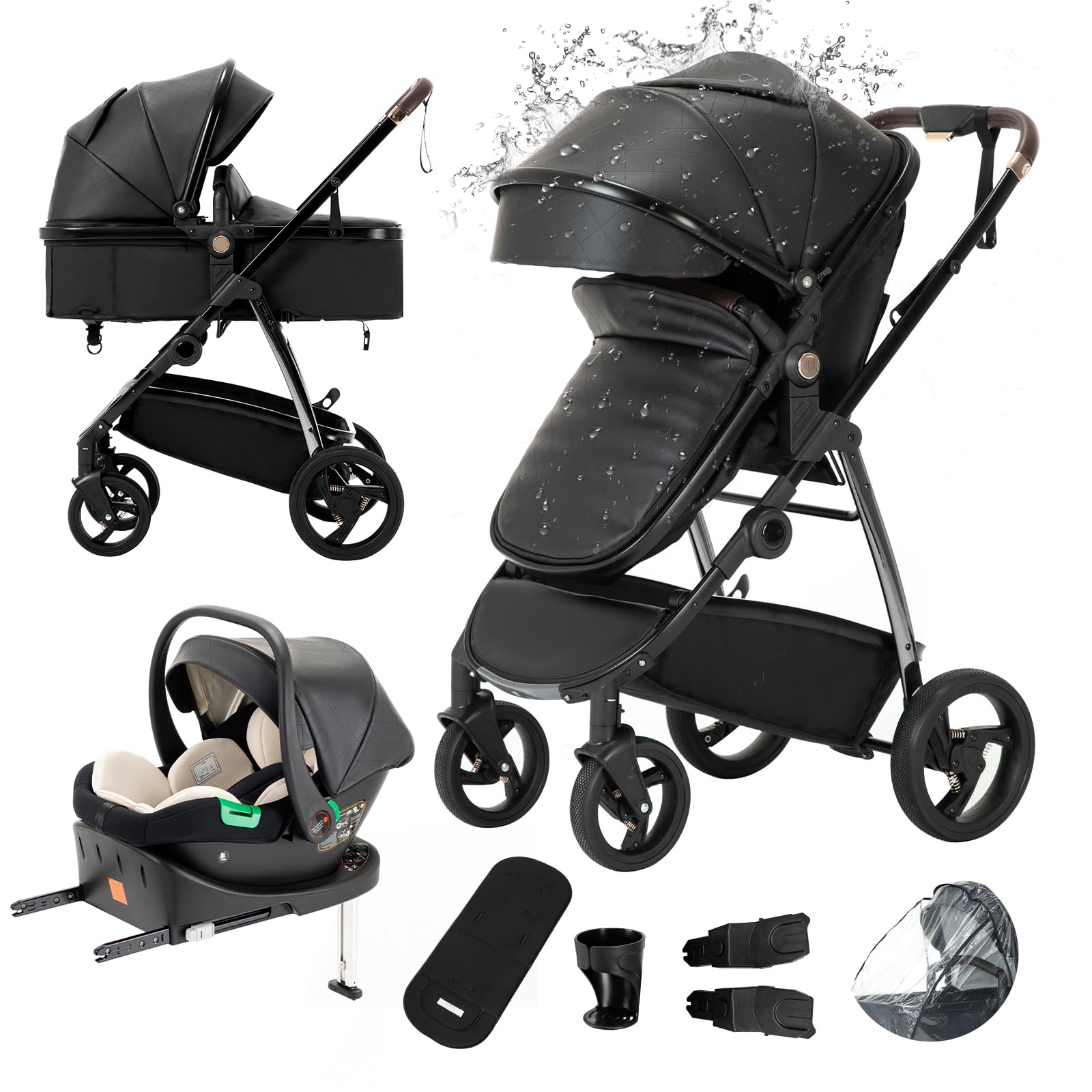 Gcarebb PU Leather 3 in 1 Pushchair with Isofix Base, City Strollers with Car Seat, Portable One-Click Folding Walking Stick Stroller, Landscape Combined Strollers High Aluminium Frame