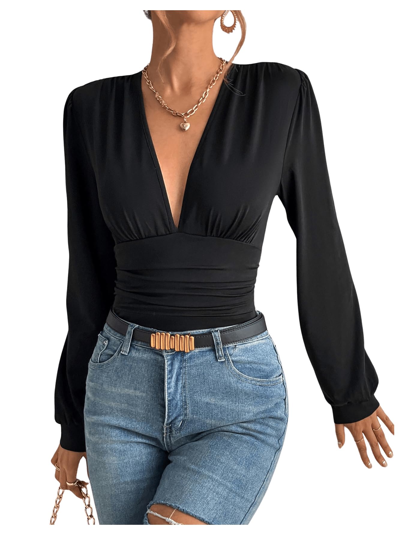 SweatyRocks Women's Long Sleeve Deep V Neck Slim Fit Ruched Bodysuit Black M
