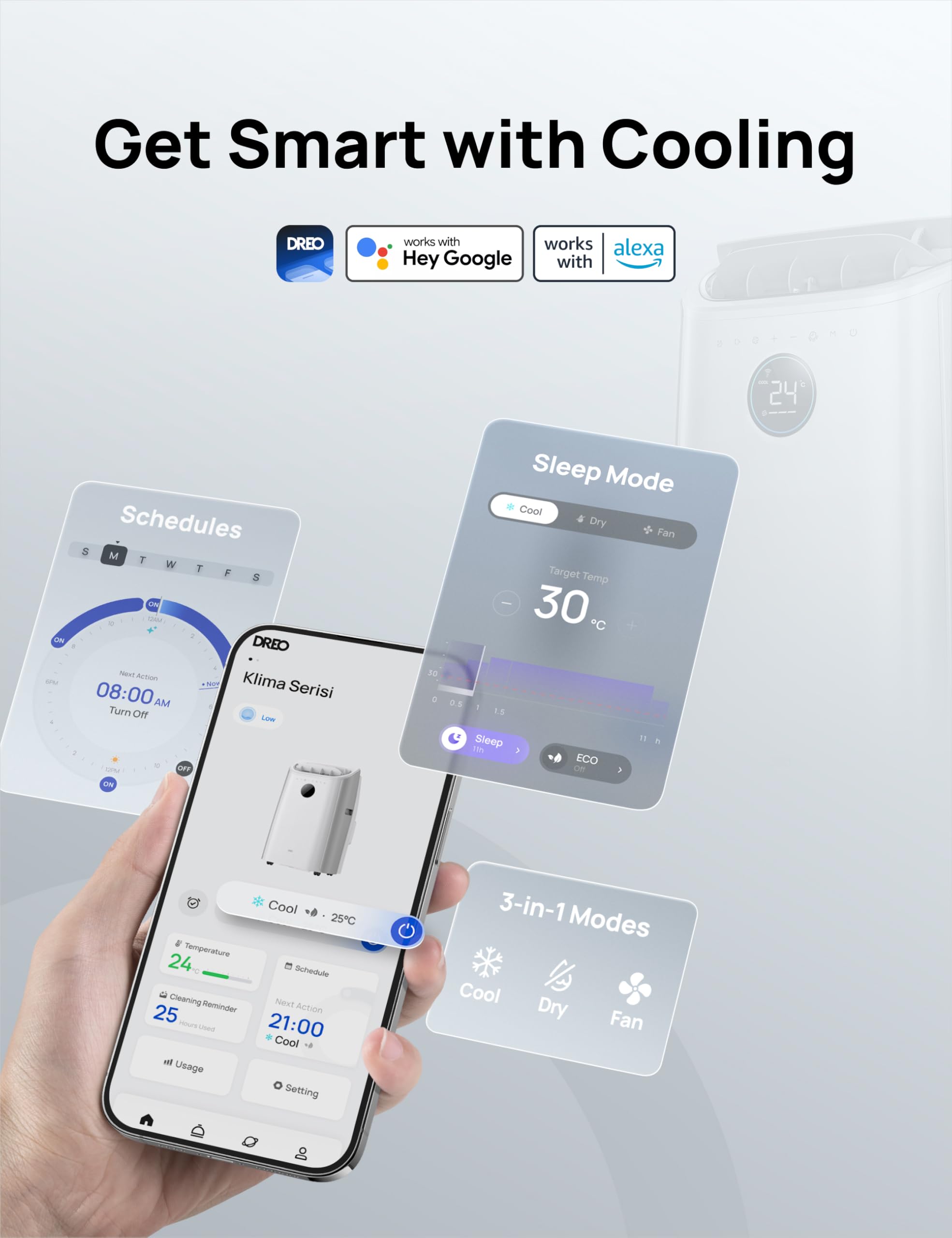 DREO climatiseur portable 10 000 BTU pour chambre, refroidissement efficace sans drainage, silencieux, contrôle par application et vocal, minuterie 24 h, ventilateur et déshumidificateur