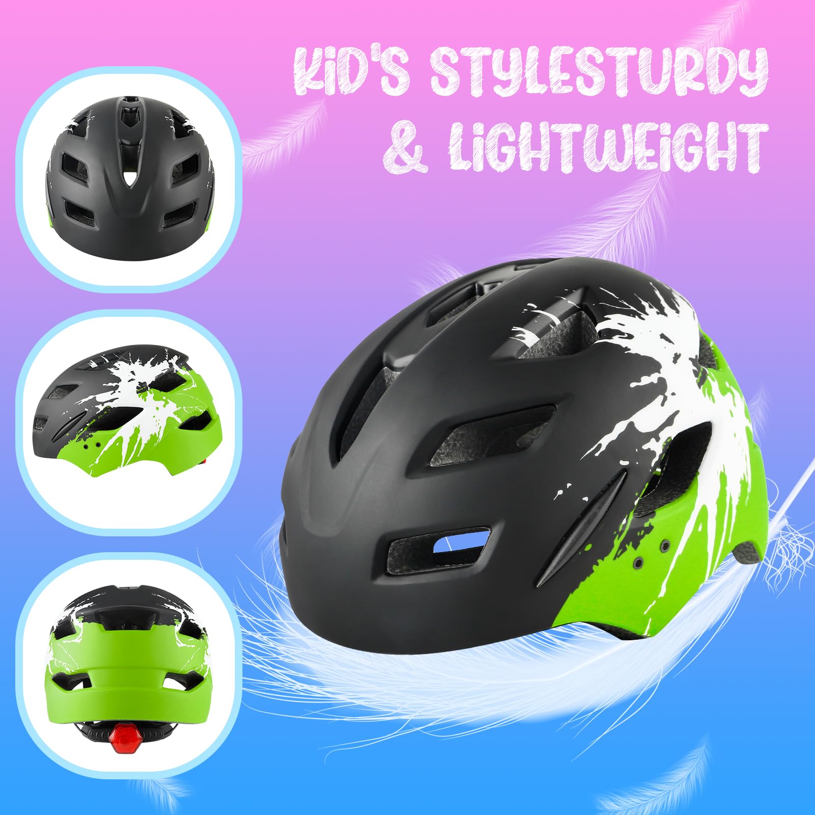 Casco da bici per bambini e bambine dai 3 ai 15 anni, leggero, con fanale posteriore, quadrante regolabile, visiera rimovibile (50-56 cm)