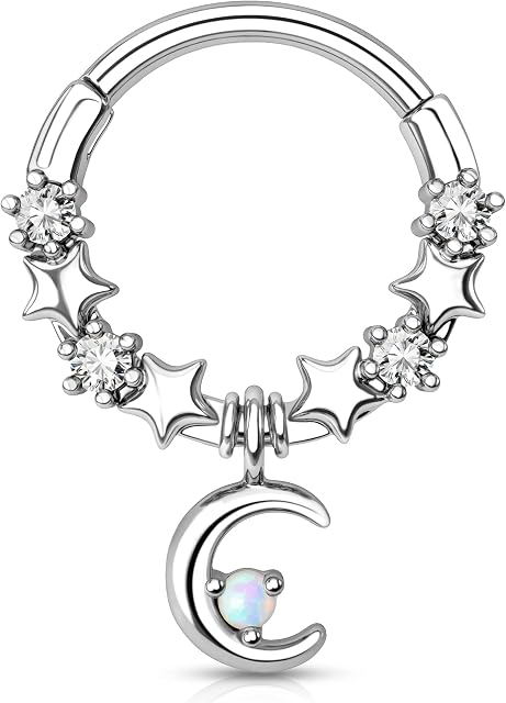 Melighting Moon Septum Piercing Jewellery 16G Dangle Helix Earrings Cartilage Piercing Hoop Earring Septum Ring Surgical Steel Hinged Ring Conch Hoops Daith Piercing Jewelry for Women