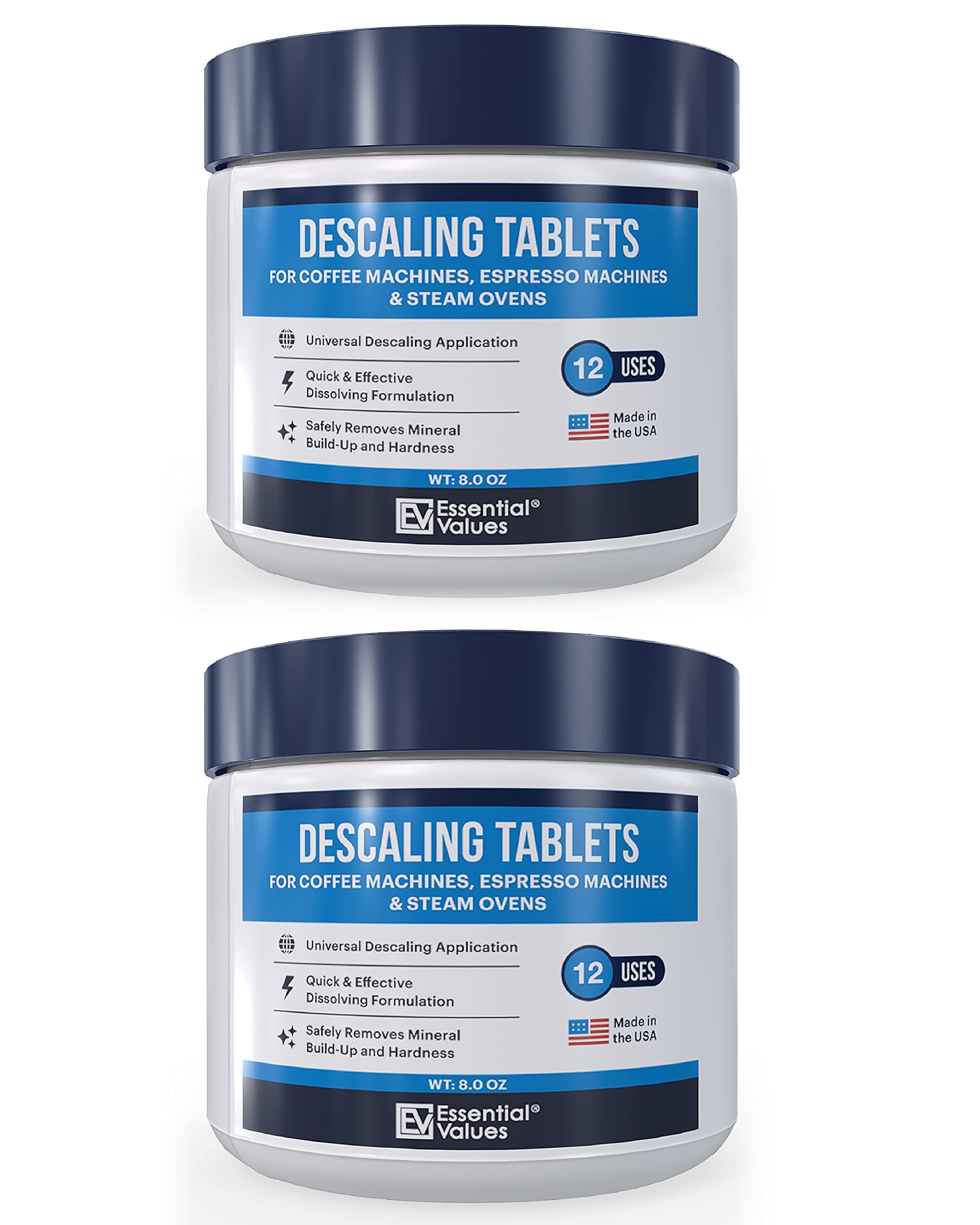 Essential Values Descaling Tablets, Coffee Maker Cleaner Compatible with Keurig Coffee Machines, Breville, Delonghi, Jura, Miele, Bosch, Tassimo Espresso Machines and Miele Steam Ovens (Pack of 24)