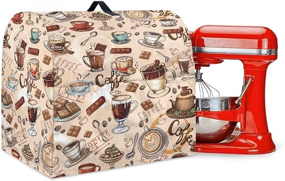 Kitchen Mixer Dust Cover Coffee Chocolate Dessert Spoon Print Stand Mixer Cover Waterproof Comfort Kitchen Mixer Cover with Front Storage Pockets for 6-8 Quart Standing Mixer