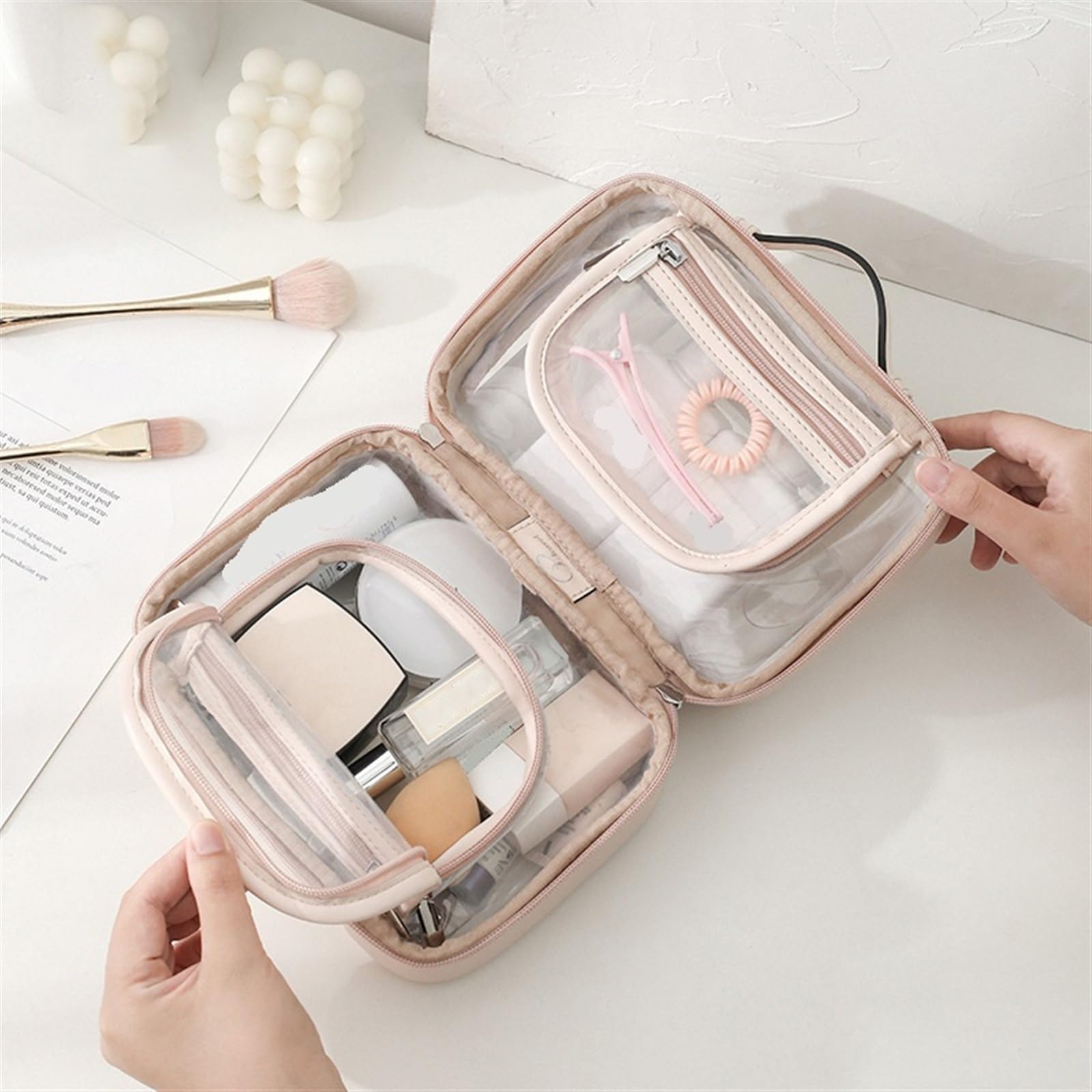 Borsa da Toilette Impermeabile Borsa for cosmetici a doppio strato | Pennello for trucco a doppio strato, multifunzionale, trasparente(Coffee)