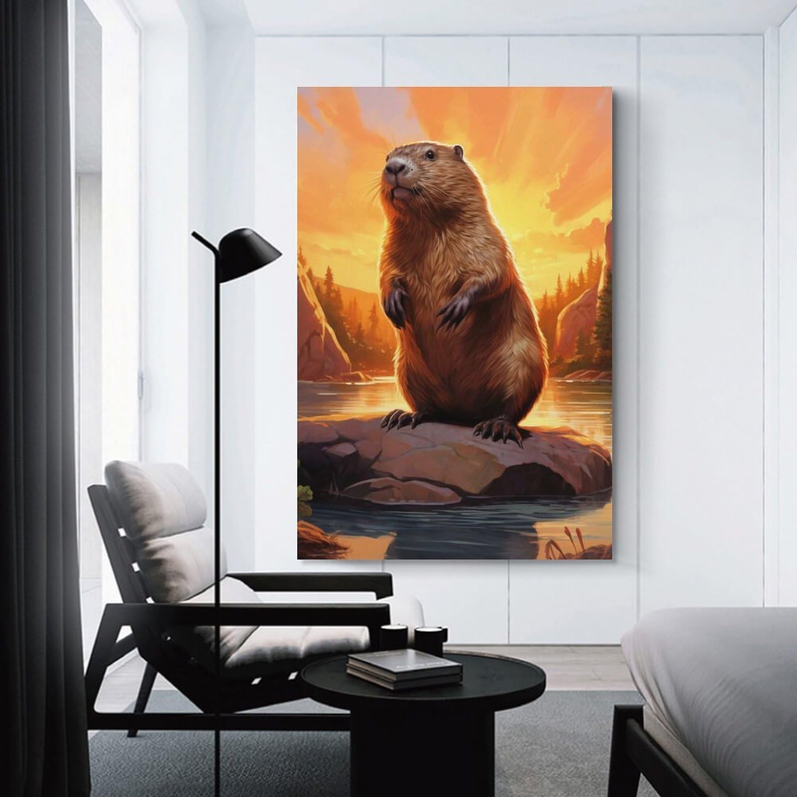 Junmoney Unframe-Style-21 Canvas Art Print Beaver In Sunset, 20X30inch(50X75cm), For Office, Study Or Home Workspace, Wall Art That Adds Style To Work Areas