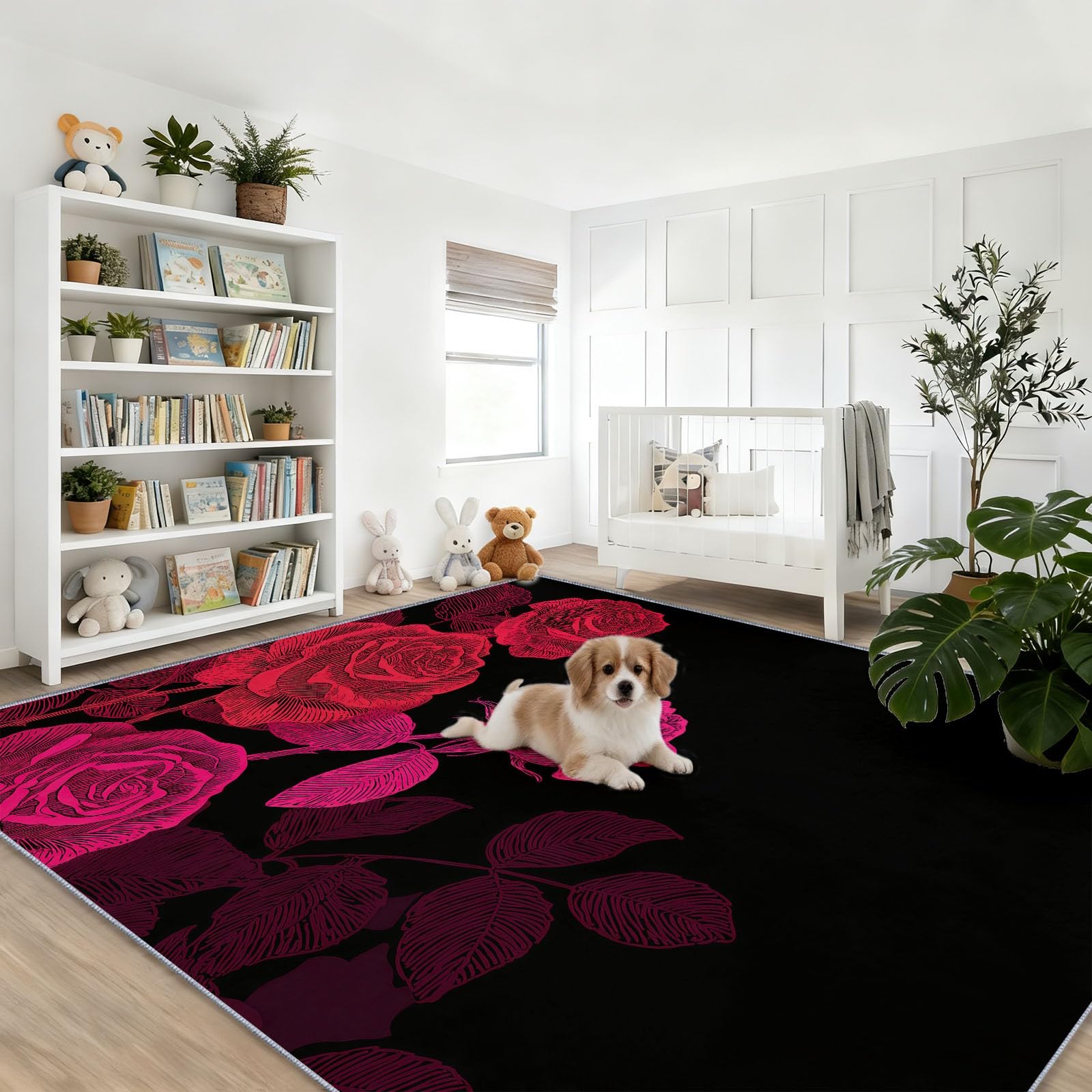 Retro Strichzeichnung floral Teppich Wohnzimmer 80x150cm, rutschfest Kurzflor Kunstwolle Schlafzimmer Teppich, Waschbar rosa schwarz Bettvorleger Teppiche für Wohnzimmer Schlafzimmer