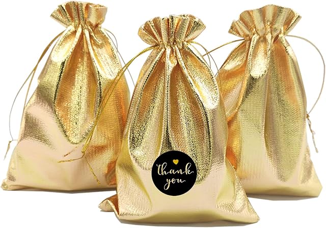 DUGYIRS 100 Pieces Gold Gift Bags with Drawstring 13cmx18cmSmall Gift Bags Jewelry Pouches Party Bags for Birthday Wedding Party