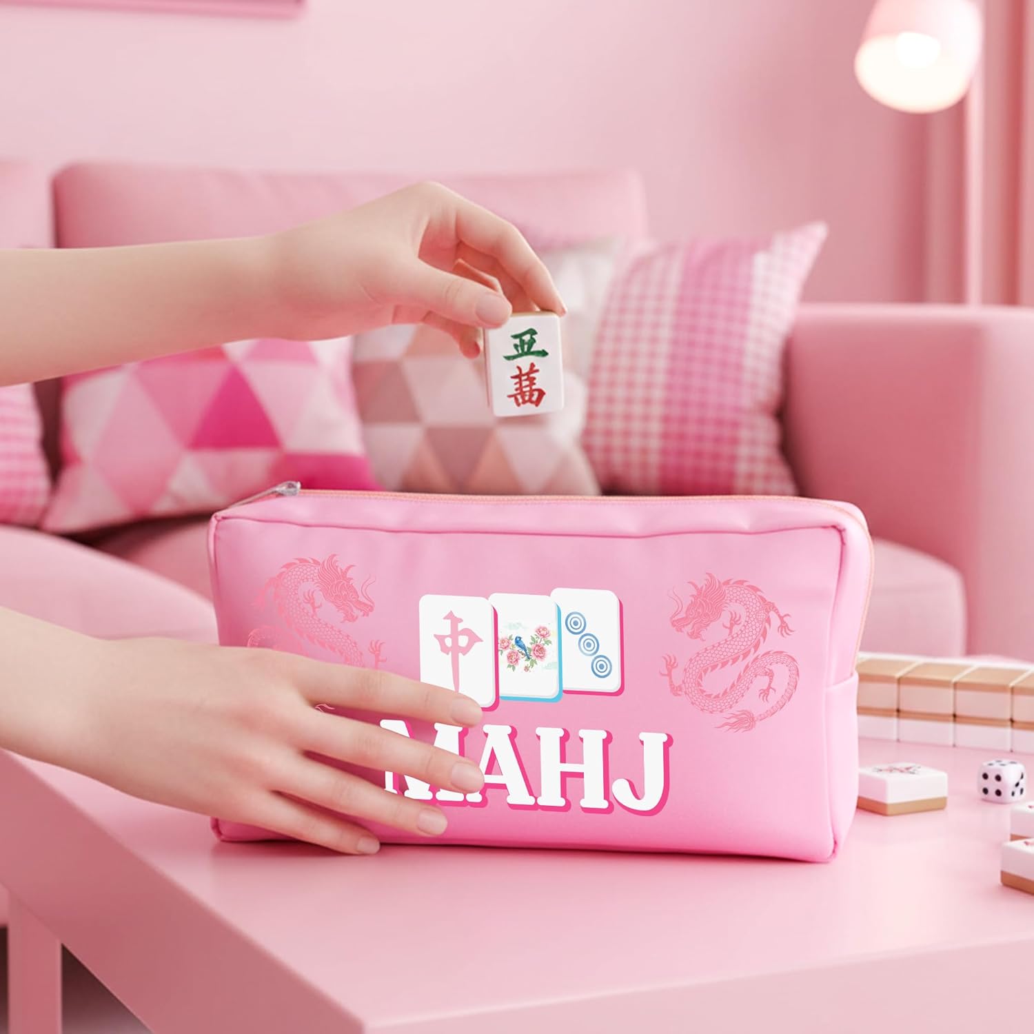 Sitsink Empty Mahjong Tile Bag with Zipper – Pink Mah Jongg Gifts for for Women, Carrying Bag for American Mahjong Tiles Accessories (Case Only)