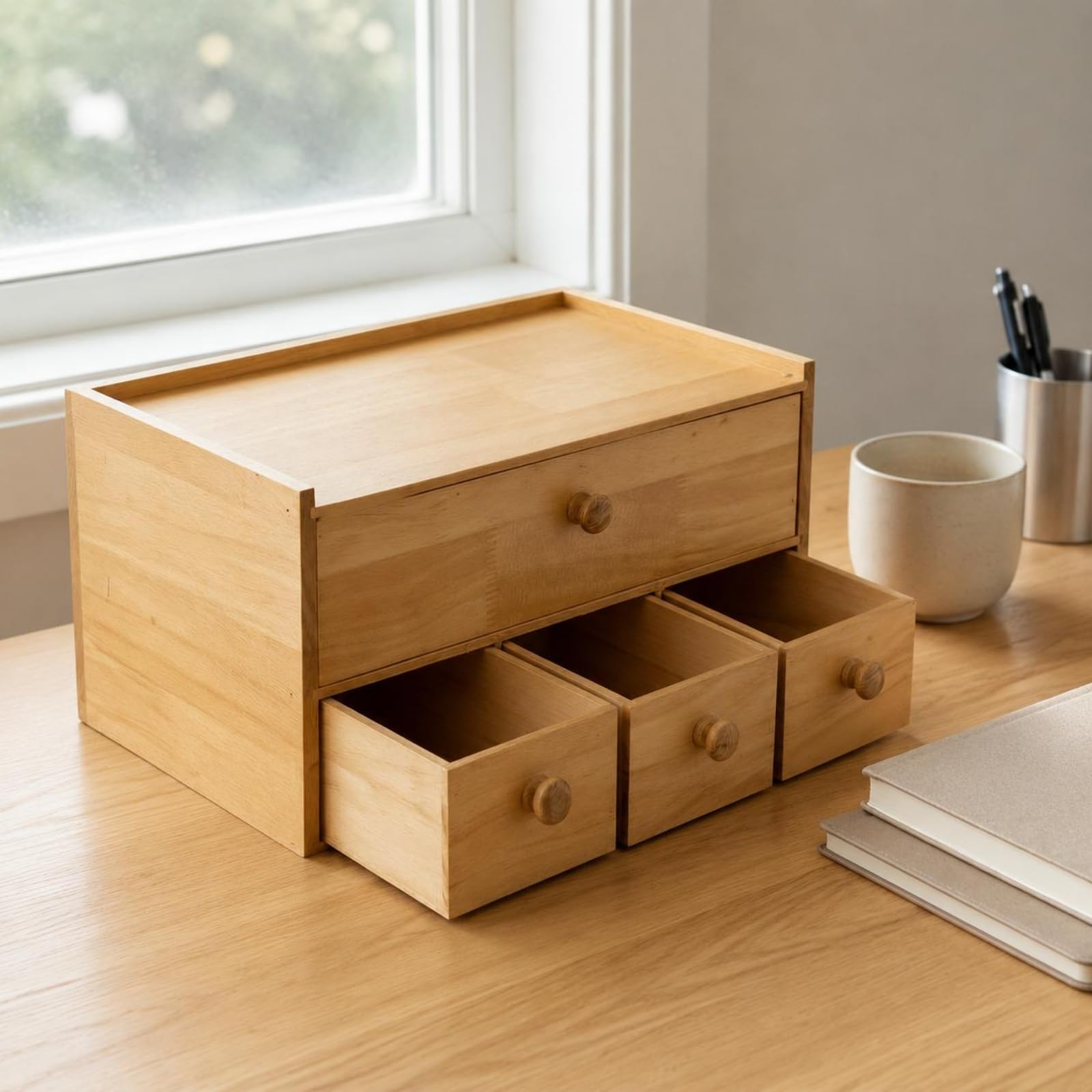 predolo Cassettiera da Scrivania in Legno Ripiano Superiore Piatto Organizzatore con Cassetti in Legno Fatto a Mano per Ufficio, Legno Naturale, Scatola Da Tè A 4 Cassetti