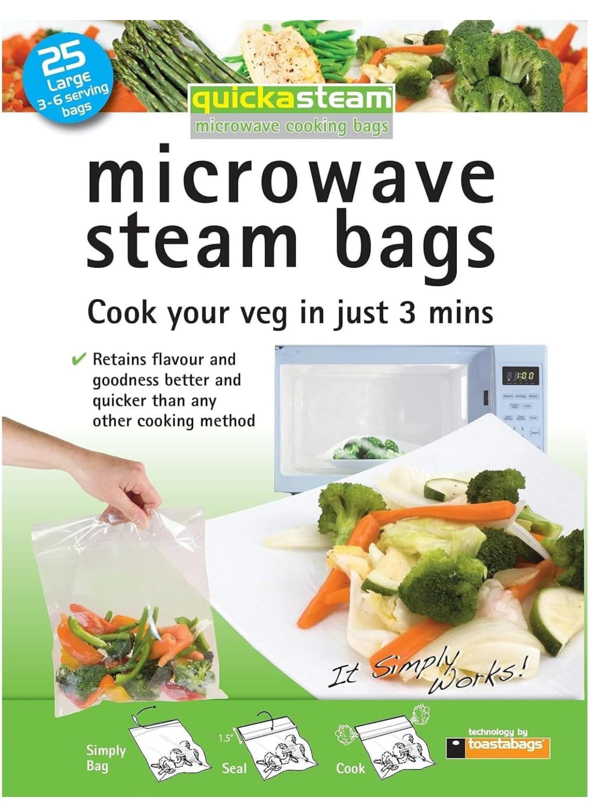 Home Fittings ® Toastbags Quickasteam Microwave Steam Bags Large 25 Pack Vegetables Fish Poultry Cooking Steaming Retains Nutrients Healthy Toastabag Toast bag