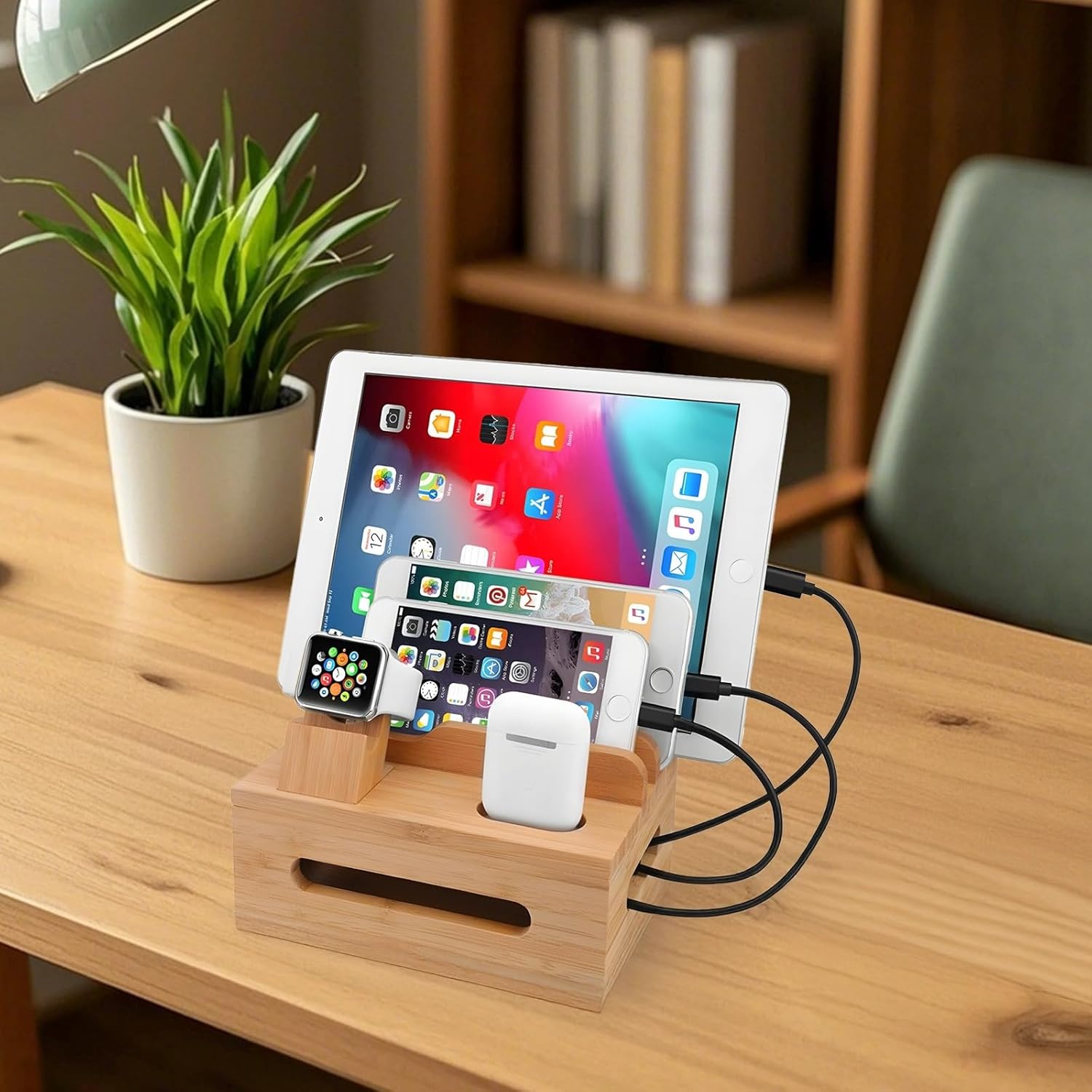 Bamboo Charging Dock for 8 Devices, Multi-Device Storage Organizer, Includes Detachable Watch Stand, Efficient Cable Management Solution