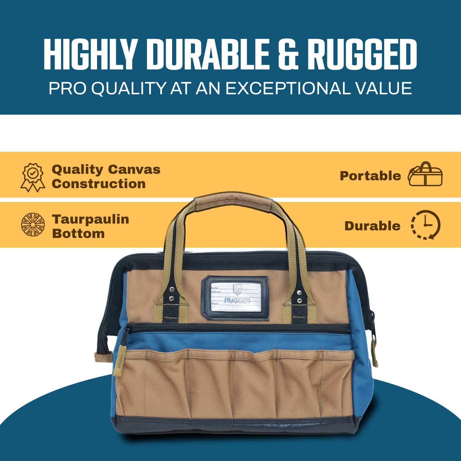 Rugged Tools Field - Bolsa de herramientas de boca ancha de 35,56 cm, bolsa de herramientas de lona suave para fontaneros, electricistas, carpinteros y manitas