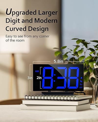 Miniatura 2 de GOLOZA Reloj despertador digital para dormitorios, reloj digital con diseño curvo moderno, números LED azules llamativos, 5 niveles de