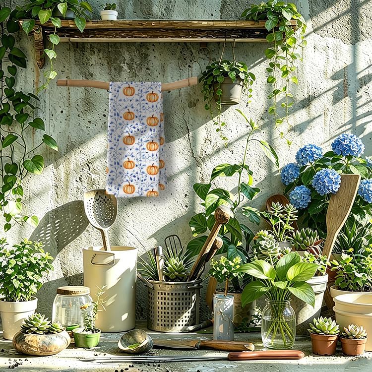 Blue and Orange Pumpkin Kitchen Towel 16x24, Chinoiserie Fall Decor image 4