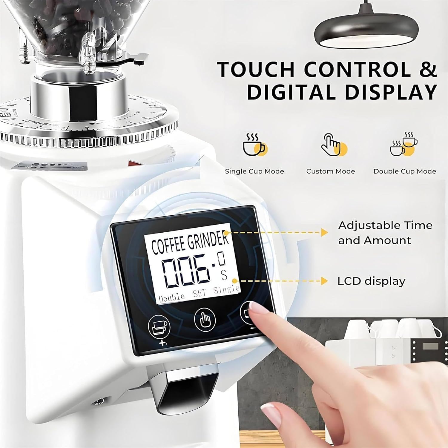 Molinillo de café eléctrico Comercial con 19 ajustes Regulables: molienda con muelas Planas, Control táctil y Pantalla Digital para Espresso y Uso doméstico. (Black)