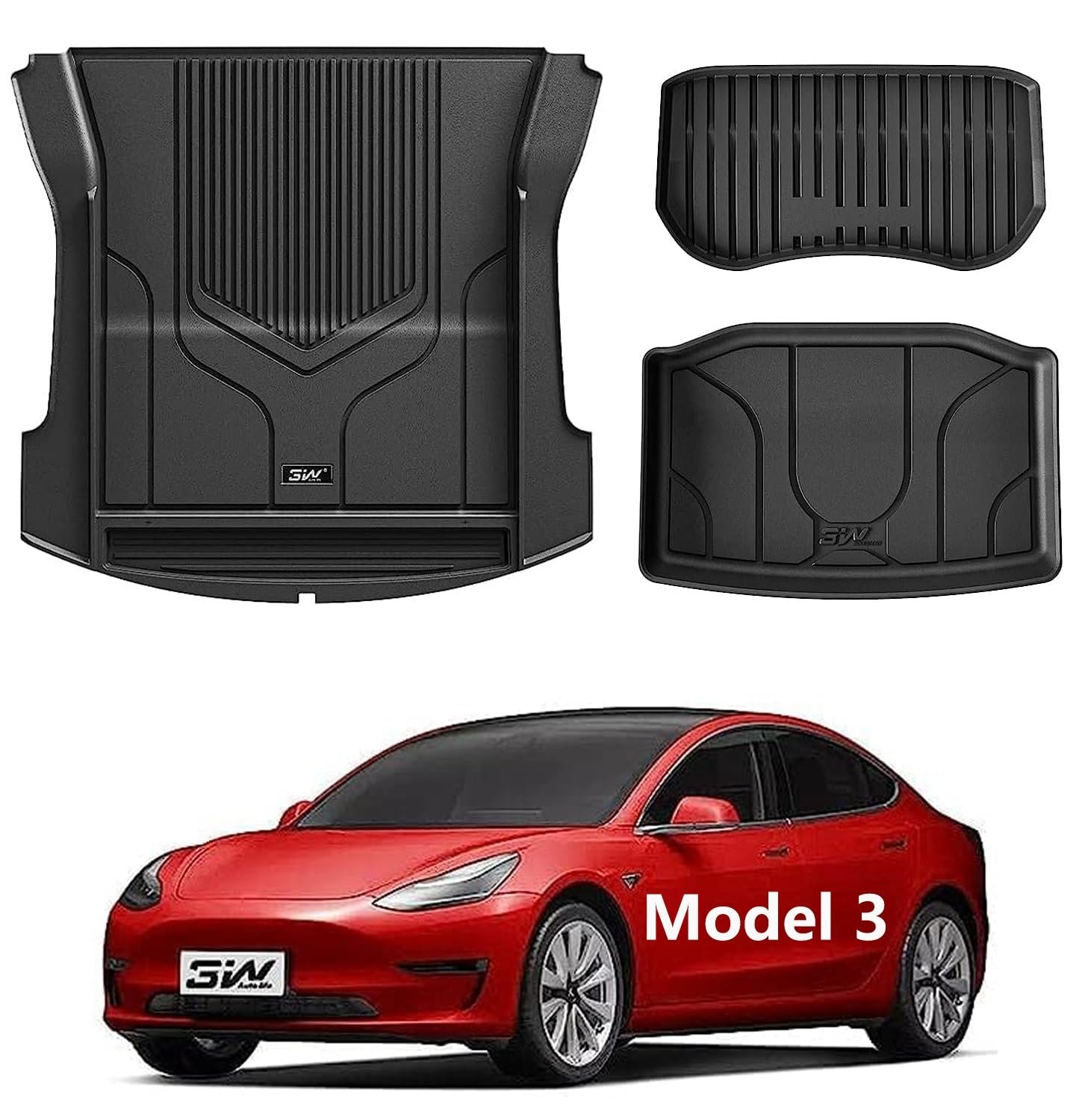 3W Tesla Model 3 2021-2023 Cargo Liner with Front & Rear Trunk Mats TPE All Weather Custom Anti-Slip Accessories Black