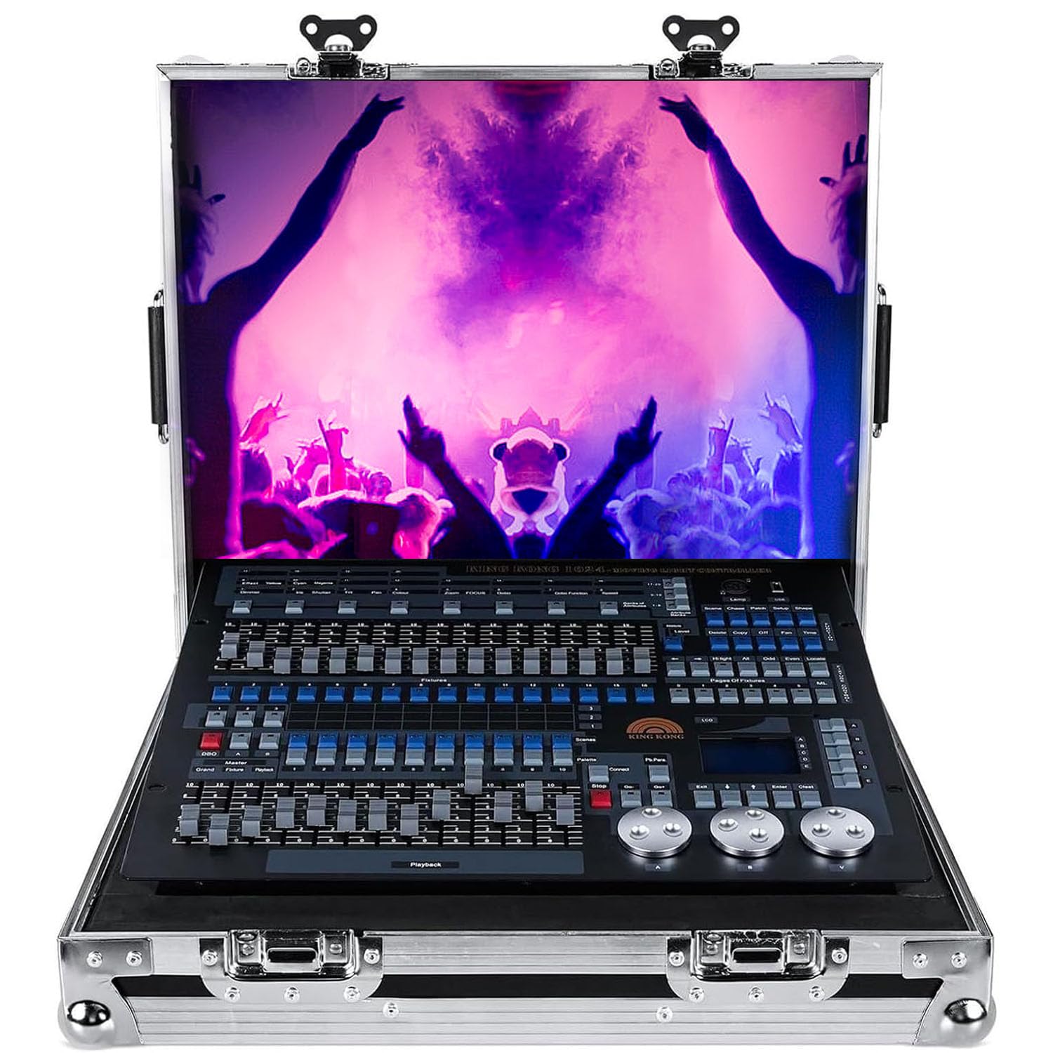 DMX - Controlador de luz, consola de luces de escenario 512, soporte de 60 escenas para 96 accesorios, equipo de DJ para fiestas, espectáculos de música, clubes con estuche de aviación