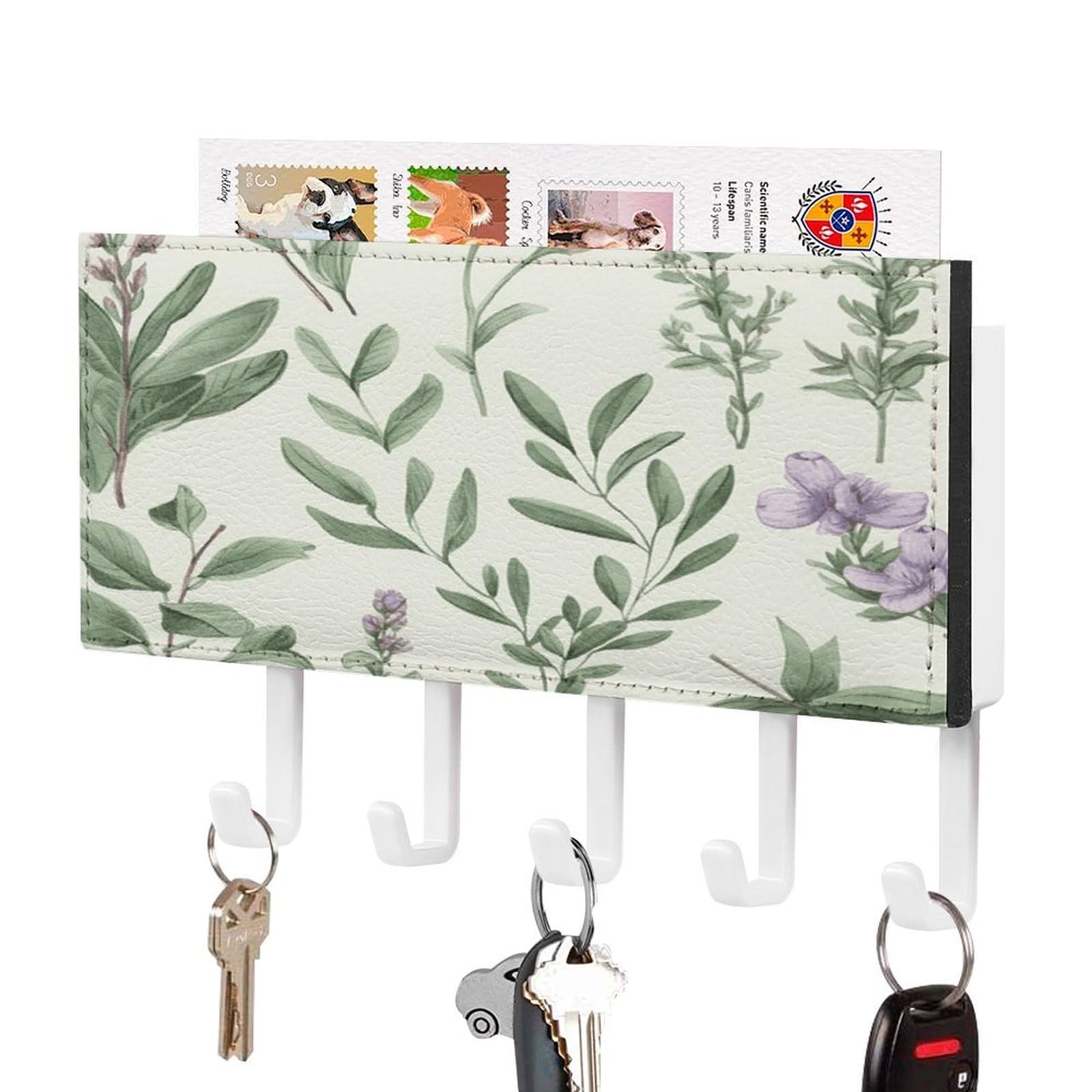 Green Flower Herb Sage Leaves And Branches Key Holder for Wall Decorative Mail Organizer with 5 Key Hook Self Adhesive Key Rack with Tray Coat Rack Wall Mount Key Hanger Decor for Entryway Door