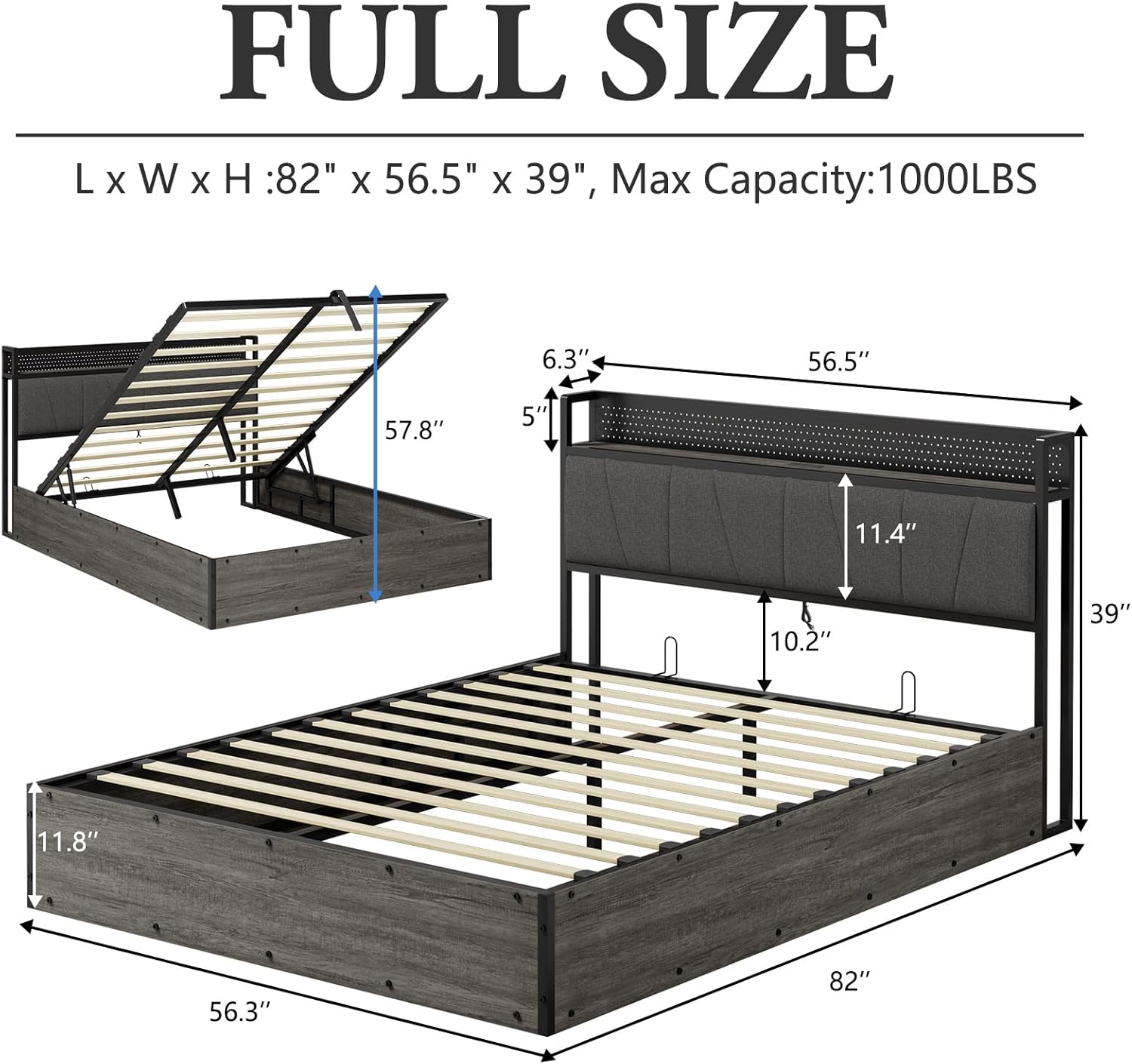 VanAcc Full Size Lift-Up Storage Bed Frame with Charging Station & RGBW LED Lights, Modern Platform Design with Linen Upholstered Headboard, No Box Spring Required, Rustic Grey