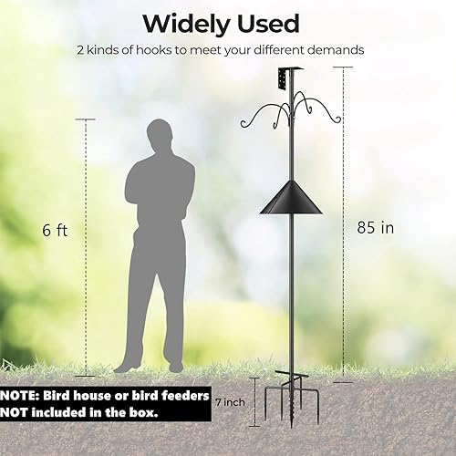 Miniatura 5 de Poste para pájaros de 92 pulgadas para jardín, postes alimentadores de pájaros con deflector a prueba de ardillas, 4 ganchos de pastor, soporte