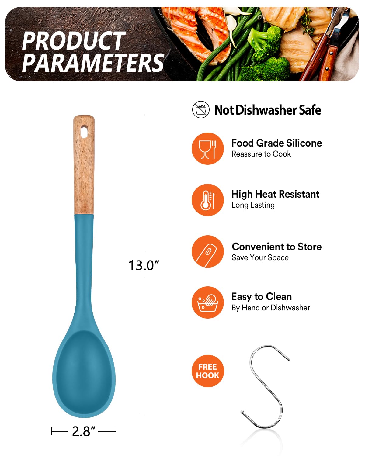Badiano Cucharas de cocina grandes de silicona, mango de madera maciza antiadherente, 13.2 pulgadas | Cucharas de cocina de silicona de grado alimenticio resistentes al calor para cocinar, servir, untar y mezclar