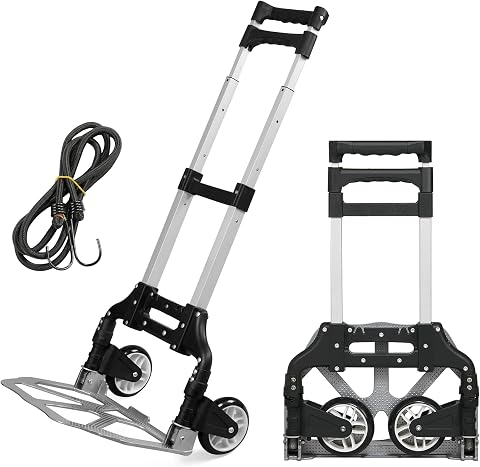 Yaheetech Carretilla Plegable de Mano con Ruedas Portátil de Aluminio MAX 75 Kg con Cuerda Carrito de Transporte en Viajes, Oficina y Hogar