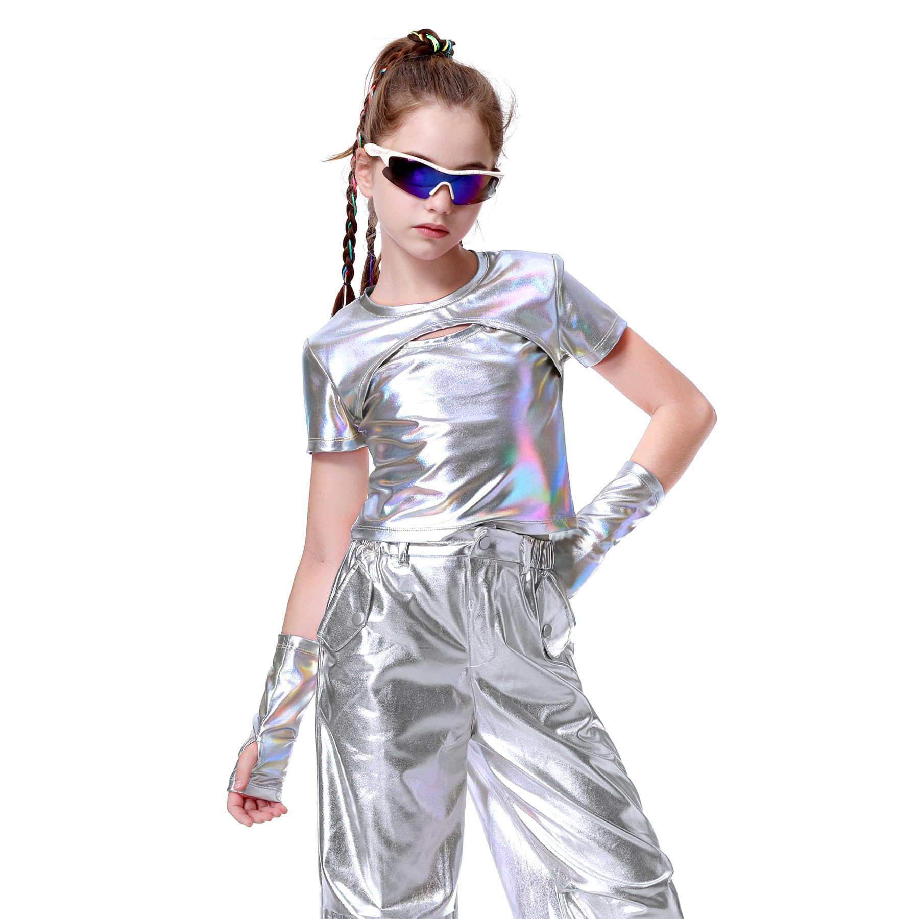 LOLANTA Top Metálico Camisa Danza Niña Jazz Moderno Hip-Hop Brillante para Baile