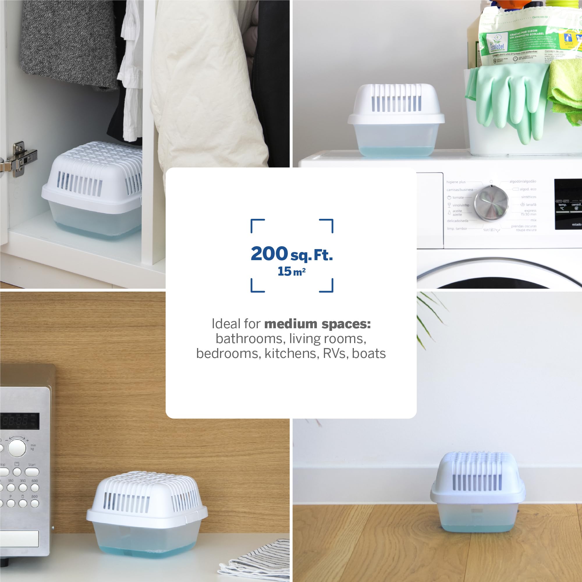 HumyDry - Juego de 2 absorbentes de humedad grandes con 4 recambios de deshumidificadores no eléctricos, ideal como absorbentes de humedad para salas de estar, dormitorios, baños y garajes, tamaño