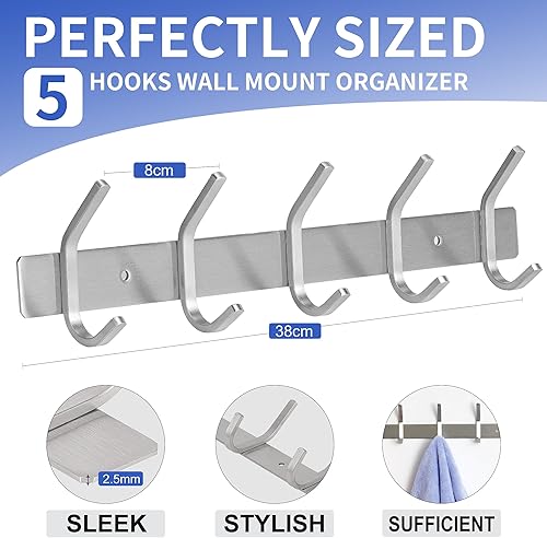 Miniatura 2 de GlazieVault Perchero de pared de acero inoxidable (paquete de 2) - Ganchos resistentes para sombrero, toalla, batas, chaqueta, ropa, baño, colgador