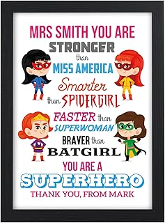 Personalised Teacher Thank You Gifts, Female Super Hero TA, Nursery, Pre School - Thank You Gifts for Teachers, Teaching Assistants, TA, Nursery Teachers - ANY NAMES - A5, A4 Prints and Frames