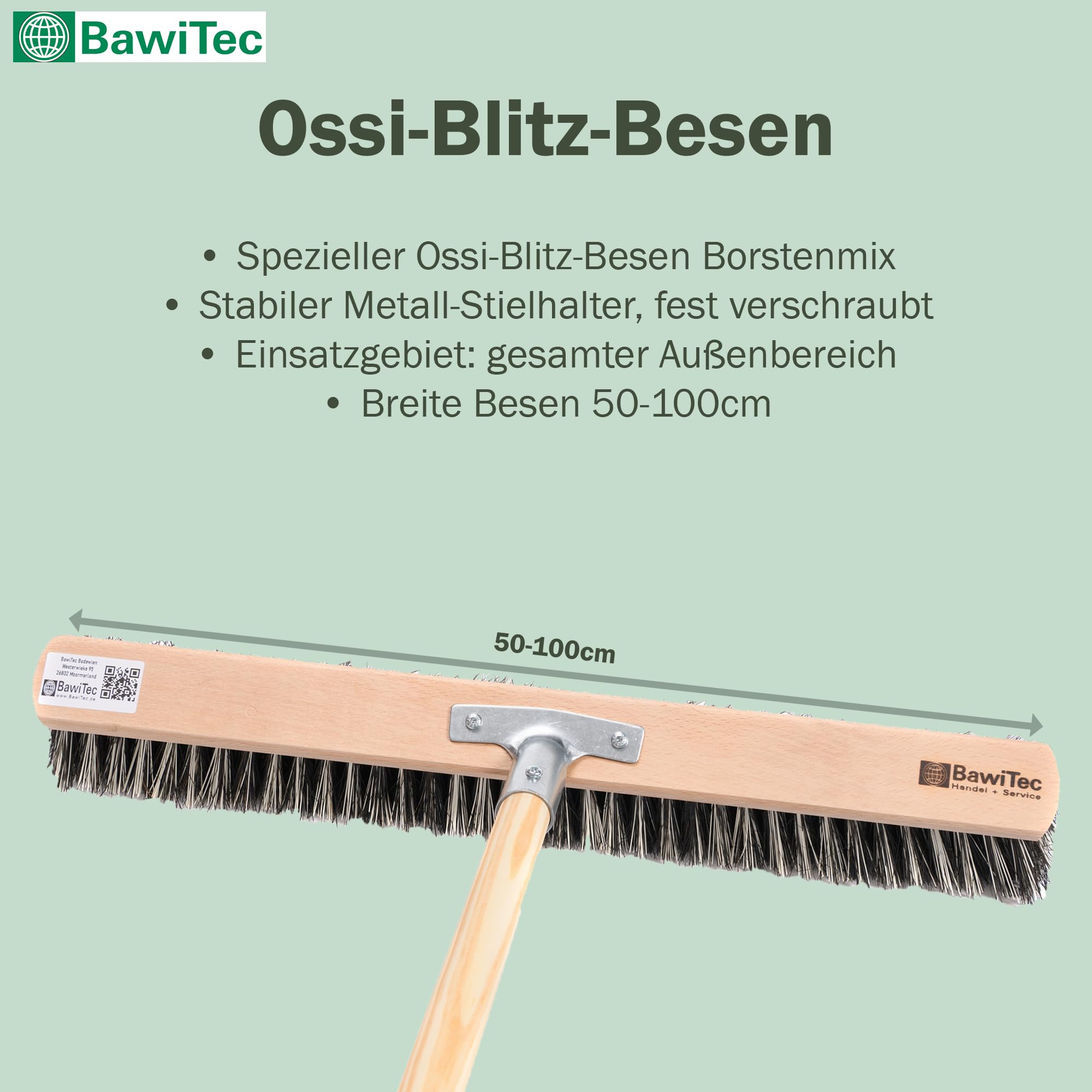 BawiTec OssiBlitz-Mix Straßenbesen, 80cm Besenbreite, Besen mit Stiel | Stiel 160cm Länge Ø2,8cm, Harte Arenga Borsten-Mischung, Robuste Borsten, Kehrbesen für Draußen