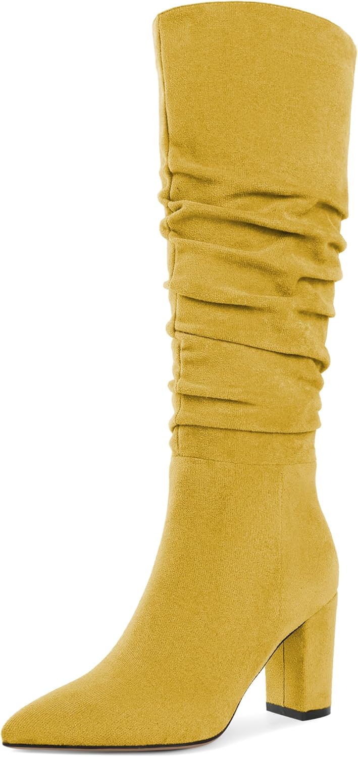 Knee High Boots for Women Chunky Heel Boots Classic Pointed Toe Boots Slouchy Booties for Work Office Comfortable Retro High Heel Boots