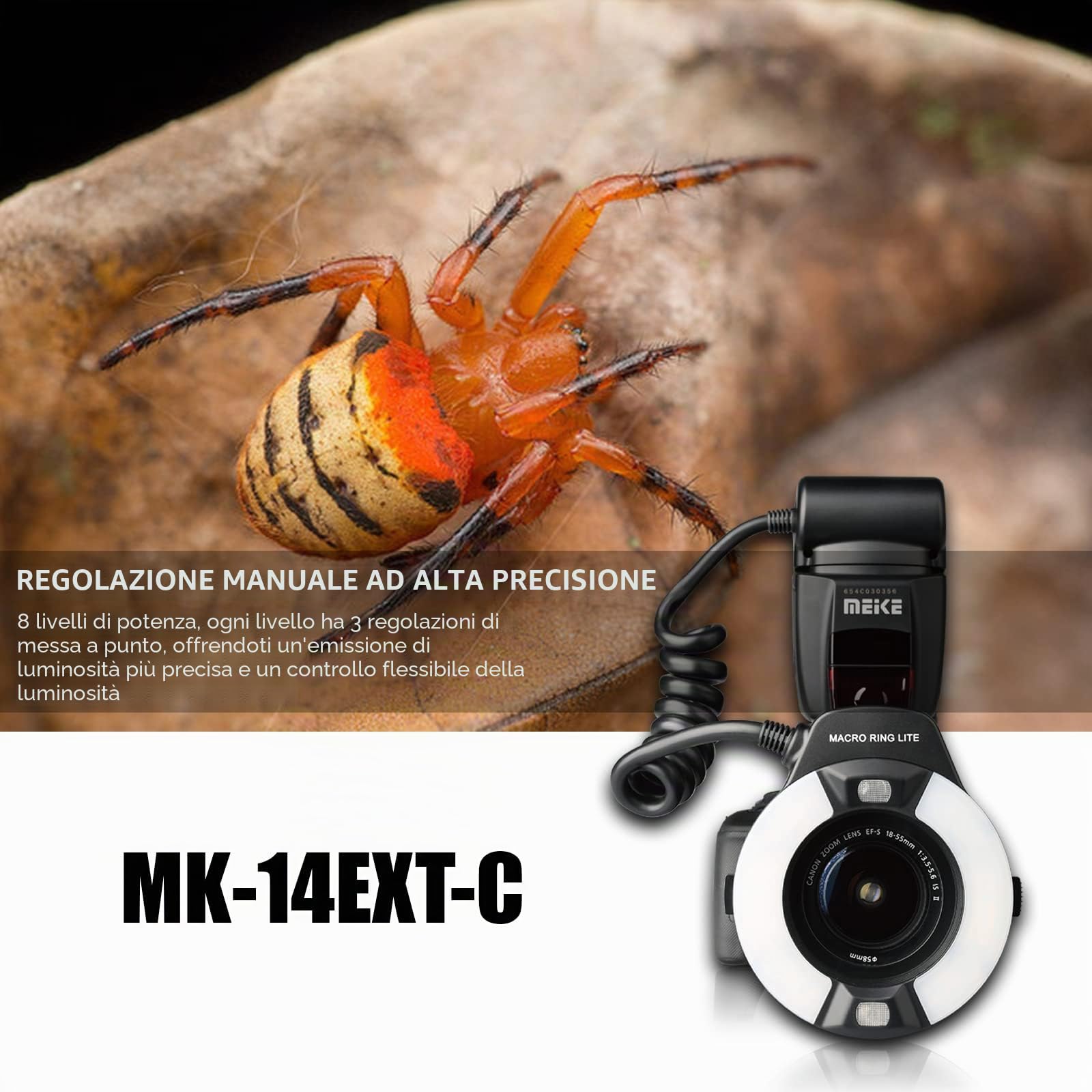 Meike MK-14EXT-C E-TTL Macro Ring Lite Flash con LED AF Assist per Canon DSLR