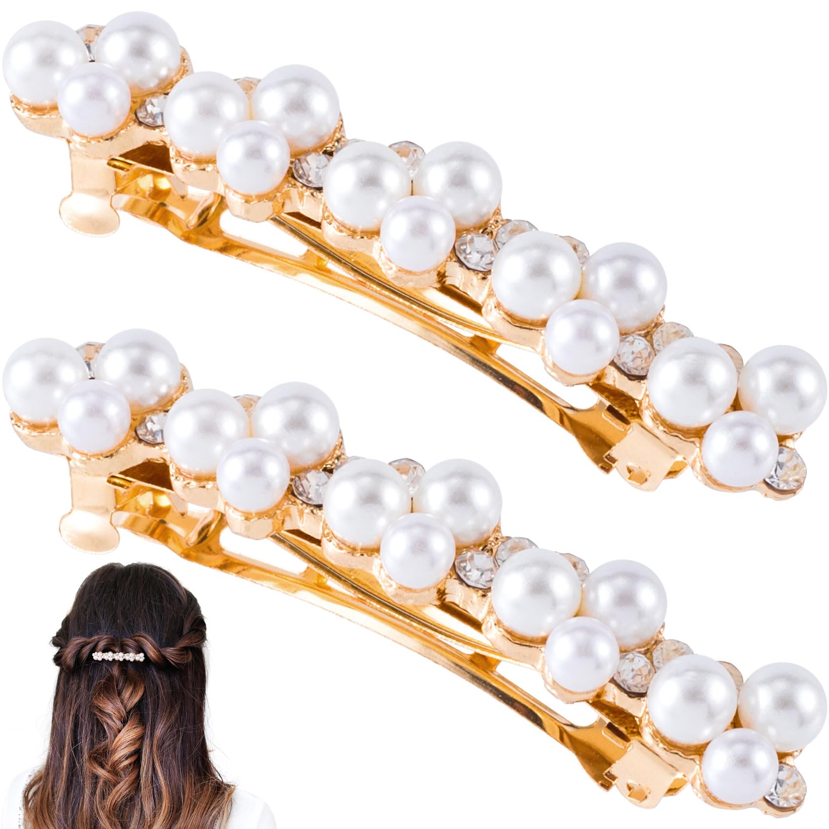 OIIKI 2PCS Pearl Rhinestone Hair Snap Clips, Elegant Pearl Crystal Barrettes with Pins for Women, Brides, Parties, Wedding, Daily Use - Gold