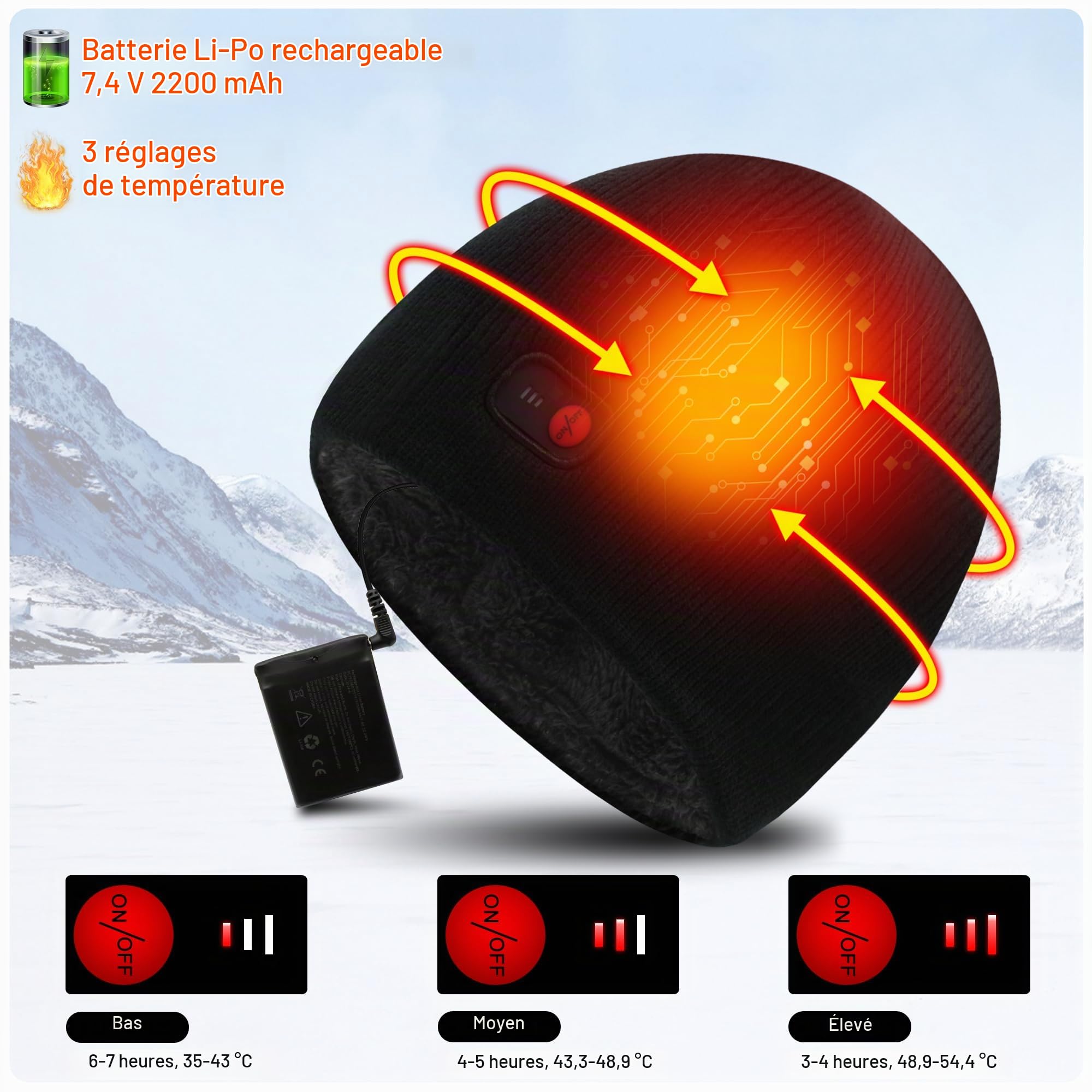 Svpro Bonnet Électrique Rechargeable Épais et Chaud avec 3 Réglages de Chauffage, Hommes et Femmes, Bonnet Crânien Chauffé jusqu'à 3-7H