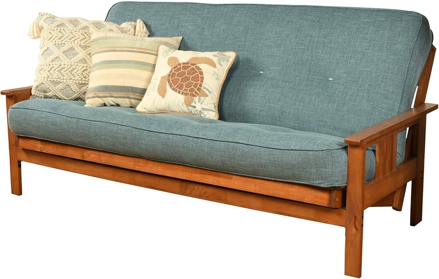 HomeStock Futon Frame Set with Mattress - Converts to Bed - Hardwood Sofa for Living Rooms Linen Aqua/Barbados