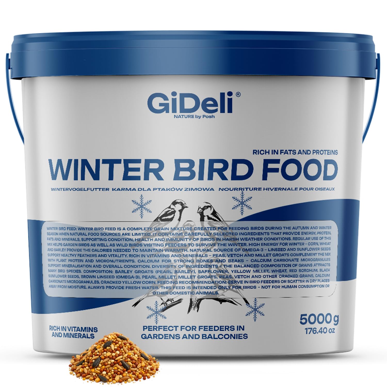 GiDeli Mangime invernale per uccelli da 5 kg in secchio – Mangime per uccelli selvatici tutto l'anno – Cibo per cima per giardino e balcone con semi di lino ricchi di omega-3, calcio – senza additivi