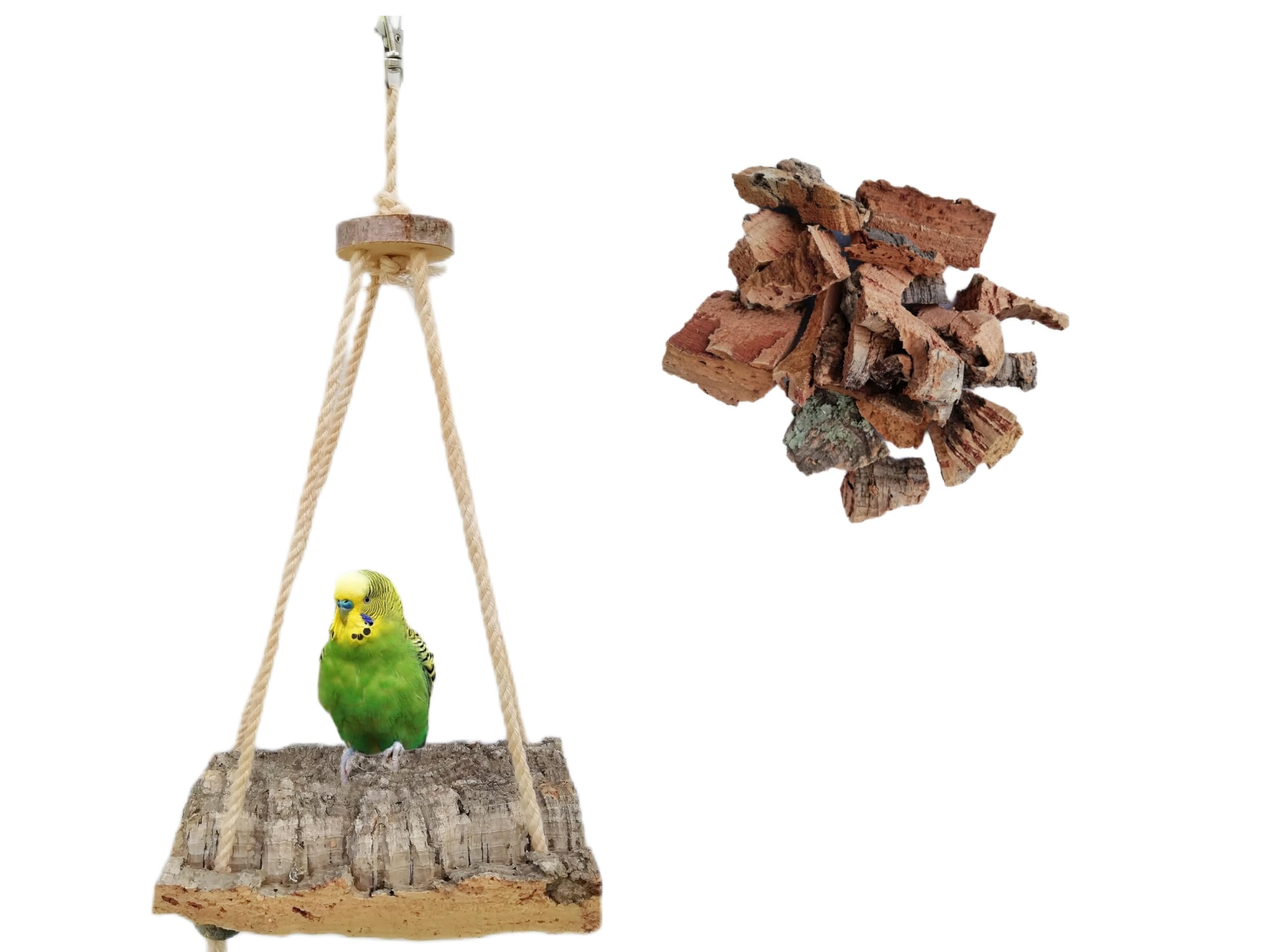 Vogelschaukel, Korkschaukel + gratis Tüte Knabberkorkrinde, drei Größen, Wellensittich und andere kleine Vögel (S)