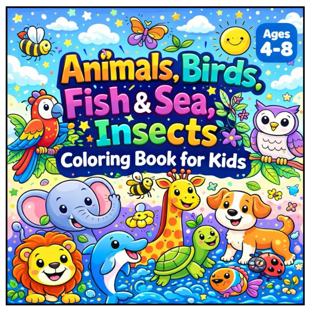 Animals, Birds, Fish & Sea, Insects Coloring Book for Kids: Fun, Easy & Educational Coloring Pages for Kids Ages 4–8