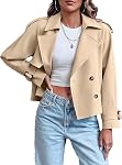 Womens Cropped Trench Coat Long Sleeve Casual Loose Lapel Double Breasted Short Jacket Outwear with Pockets (Light khaki S)