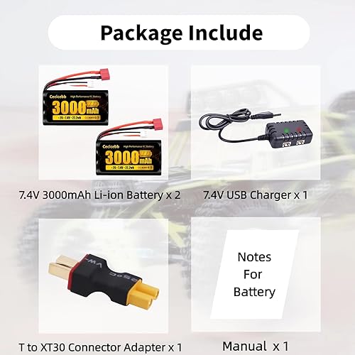 Miniatura 9 de Batería de iones de litio de 7.4 V 3000 mAh RC con enchufe T estilo Dean-XT30 Plug 2S recargable de alta capacidad para WLtoys 4WD Speed RC Cars la