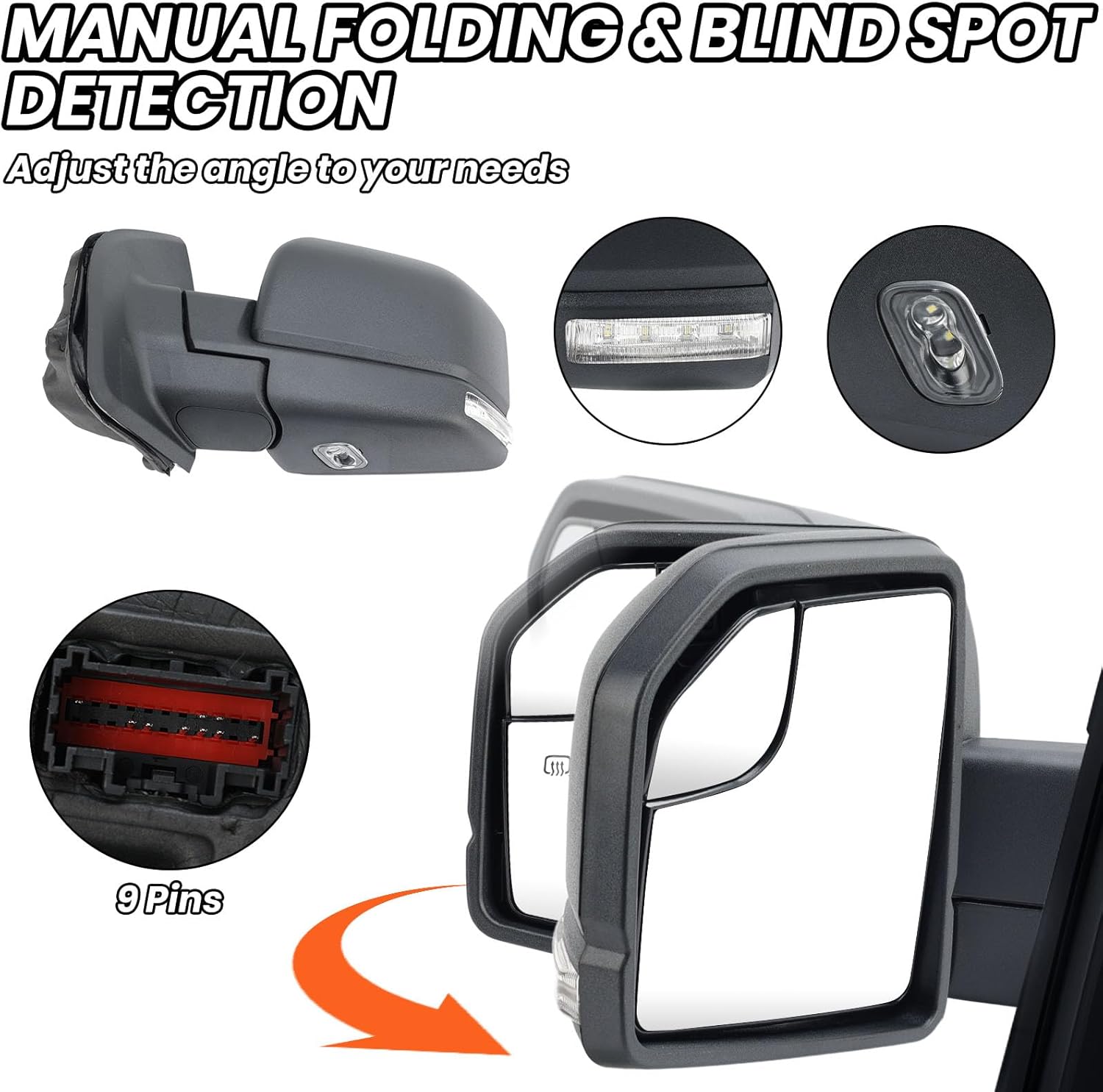 (9 Pins) Left Driver Side Mirror For 2015-2020 Ford F150 With Heated/Power Glass/Turn Signal/Puddle light/Backup Marker Light/Manual Folding Replace# FO1320524